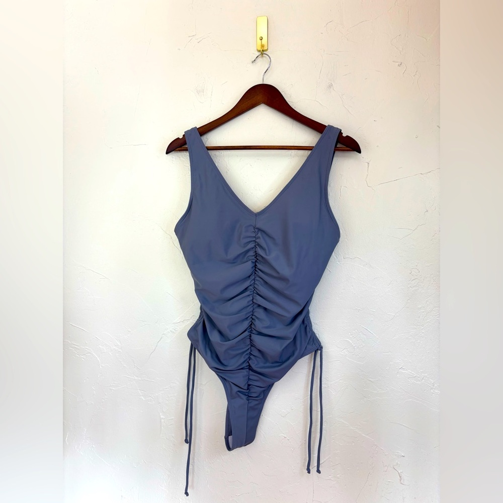 NEW SWIMSUIT Grey Rouged Bow Ties High Thigh One Piece‎ V Neck Sexy Womens Large
